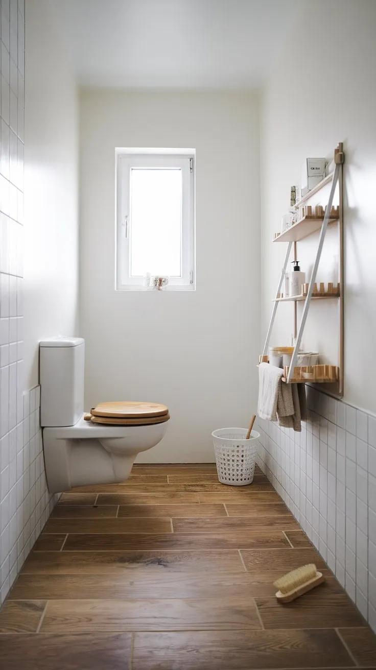 Clean lines and natural textures define this Scandinavian-style bathroom. The minimalist design, featuring a wooden toilet seat and large wood tiles, creates a serene and functional space. A simple wooden shelf adds warmth, showcasing a few carefully chosen items. The overall effect is one of understated elegance and calm.
