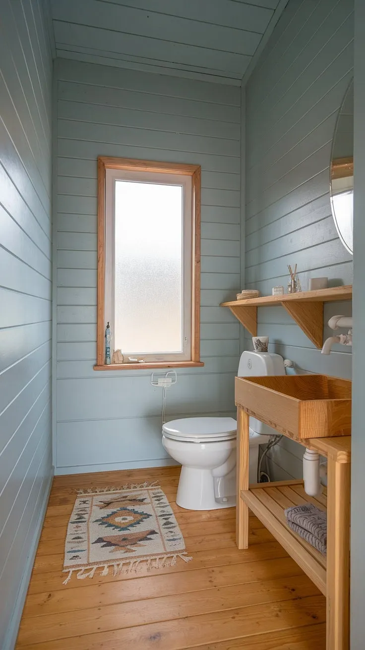 Find your peace in this charming cabin bathroom. Light floods in through the frosted glass window, illuminating the warm wood and creating a spa-like atmosphere. Simple, functional, and utterly delightful, it's the perfect blend of rustic charm and modern minimalism.