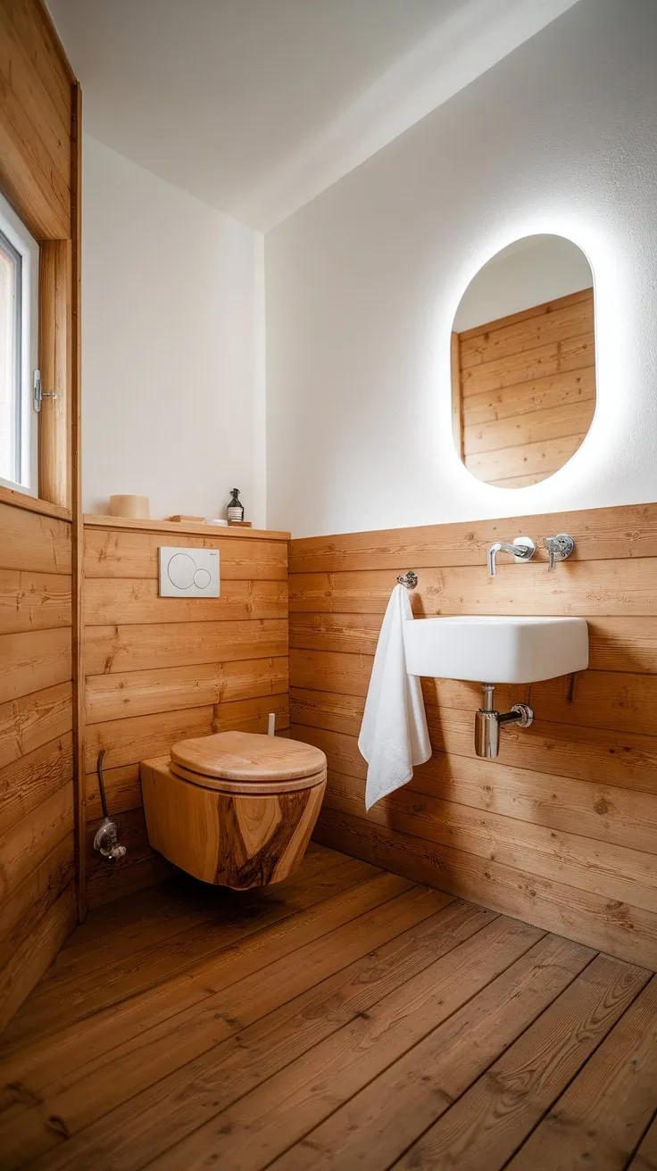 Find your sanctuary in this minimalist bathroom. The wooden cabin aesthetic, combined with clean white accents and a thoughtfully designed space, offers a peaceful retreat. A perfect example of understated elegance.