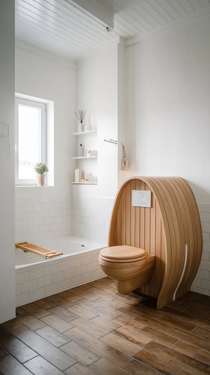 Clean lines and natural textures define this Scandinavian-style bathroom, where a uniquely curved wooden toilet takes center stage. The minimalist design, accented by a small window and wooden flooring, creates a serene and airy space, perfect for quiet contemplation. A simple white bathtub completes the calming atmosphere.
