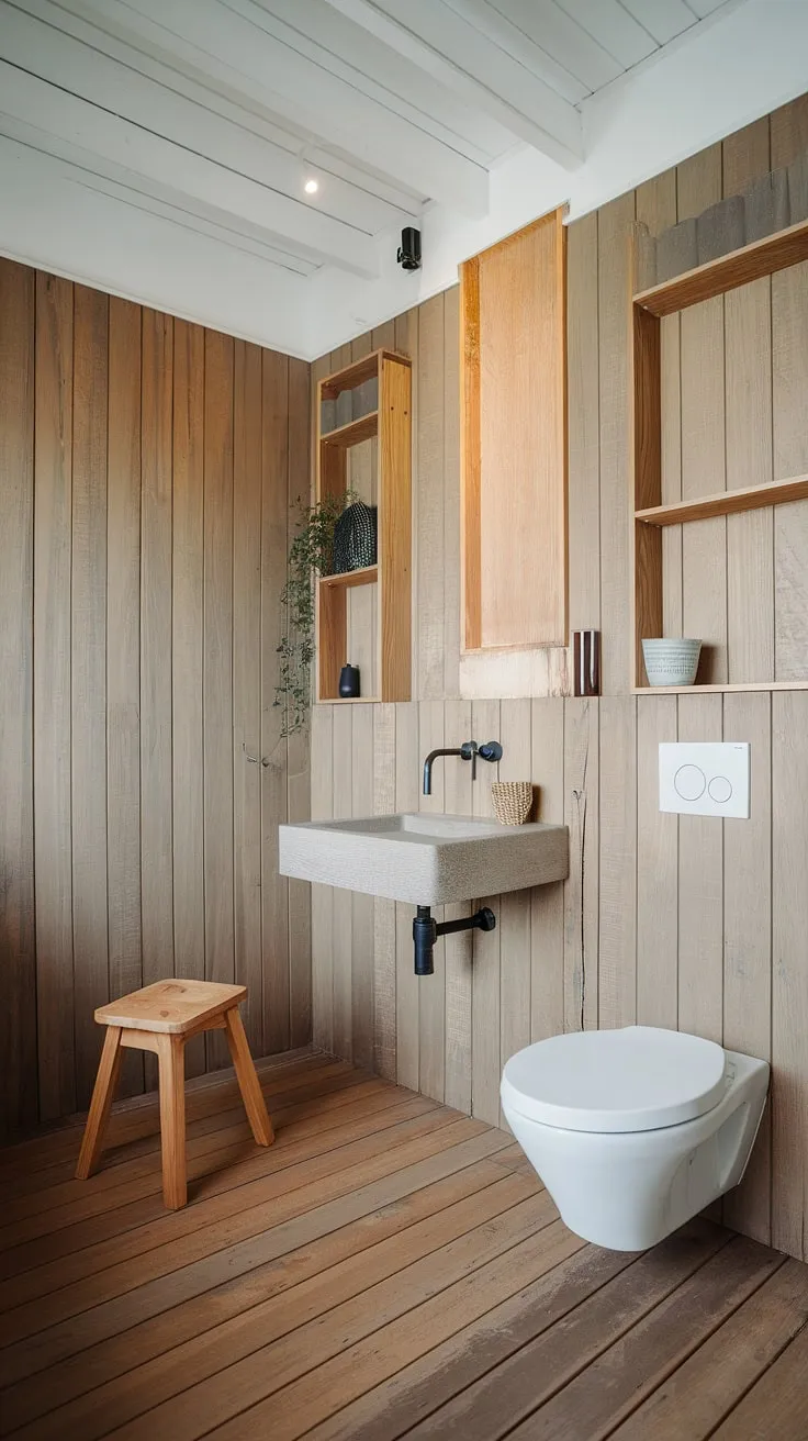 Clean lines, natural light, and the calming scent of wood define this Scandinavian-style bathroom. The minimalist design, featuring built-in shelving and a unique toilet, creates a serene escape where functionality meets understated elegance. A perfect blend of form and function, this space embodies the essence of a simple yet sophisticated living.