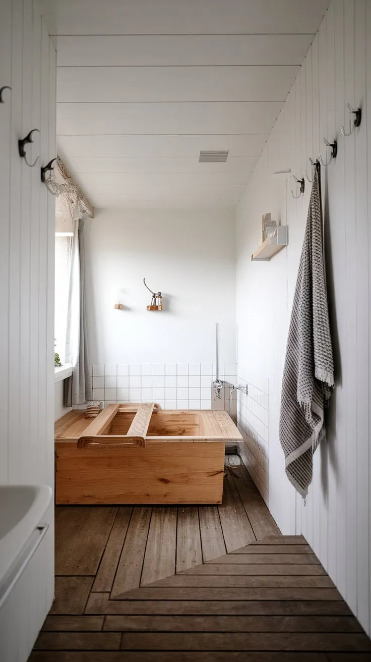 Find your sanctuary in this minimalist Scandinavian bathroom. The warmth of the wooden bathtub, paired with the clean lines and natural light, creates a space of pure serenity. A perfect escape for unwinding and reconnecting with yourself.