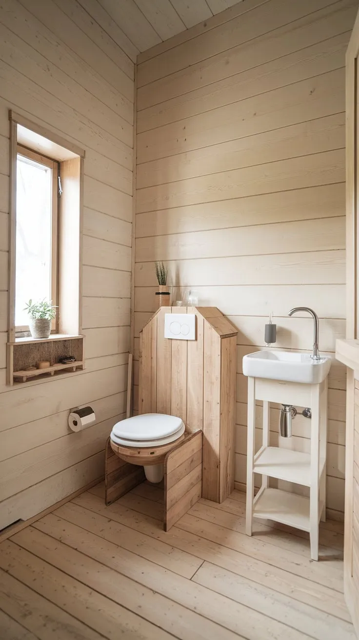 This Scandinavian-style bathroom, with its light wood paneling and minimalist design, offers a tranquil escape. The rustic charm of the wooden toilet and simple sink is perfectly complemented by the carefully curated personal touches, creating a space that feels both serene and inviting. A small window lets in natural light, illuminating the small potted plant and highlighting the attention to detail in this thoughtfully designed space.