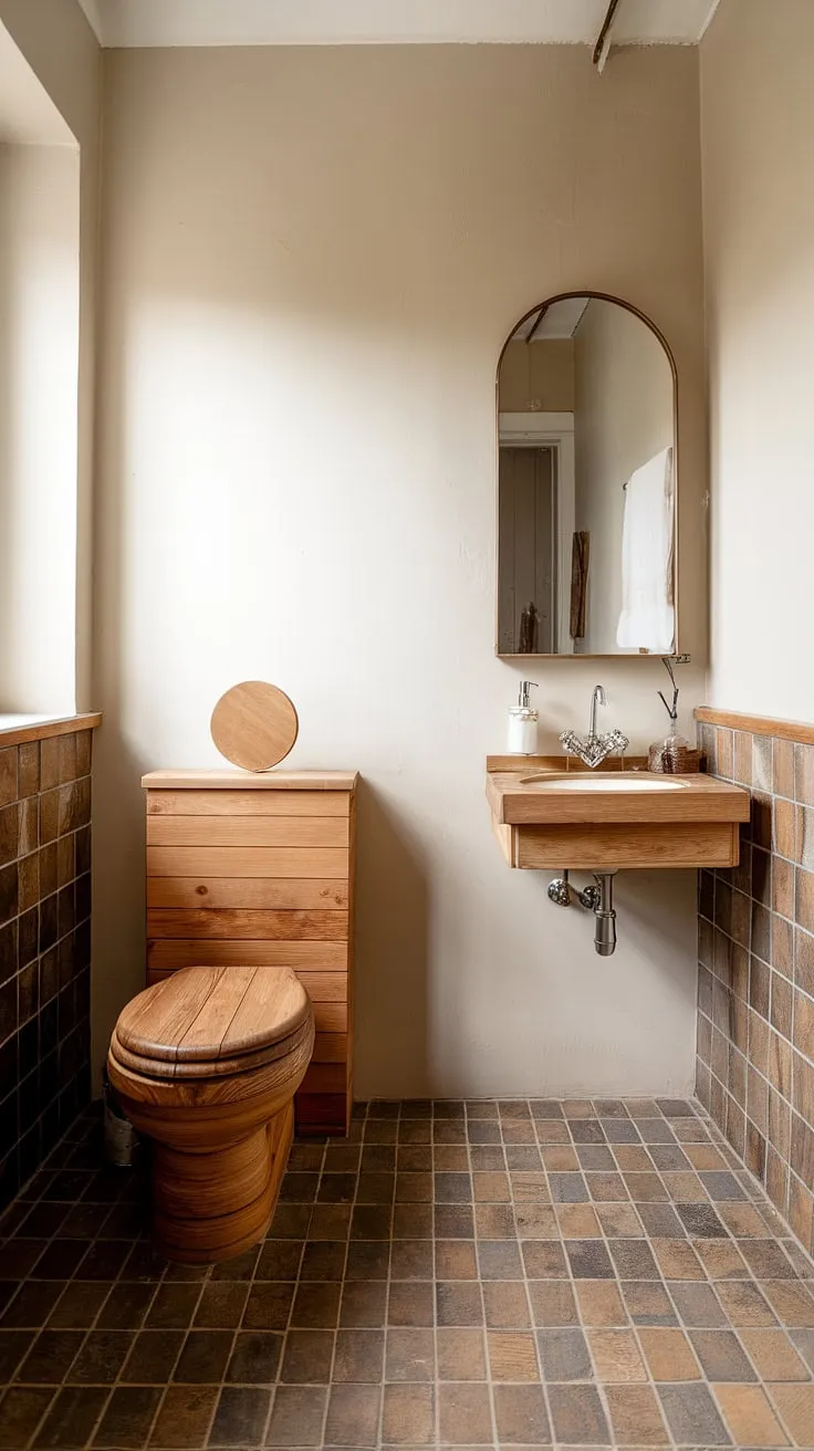 Escape to tranquility in this minimalist bathroom. The natural wood elements, from the toilet to the flooring, bring a touch of cabin-style charm. The soft light filtering through the window enhances the sense of peace and calm, making this space a true sanctuary.