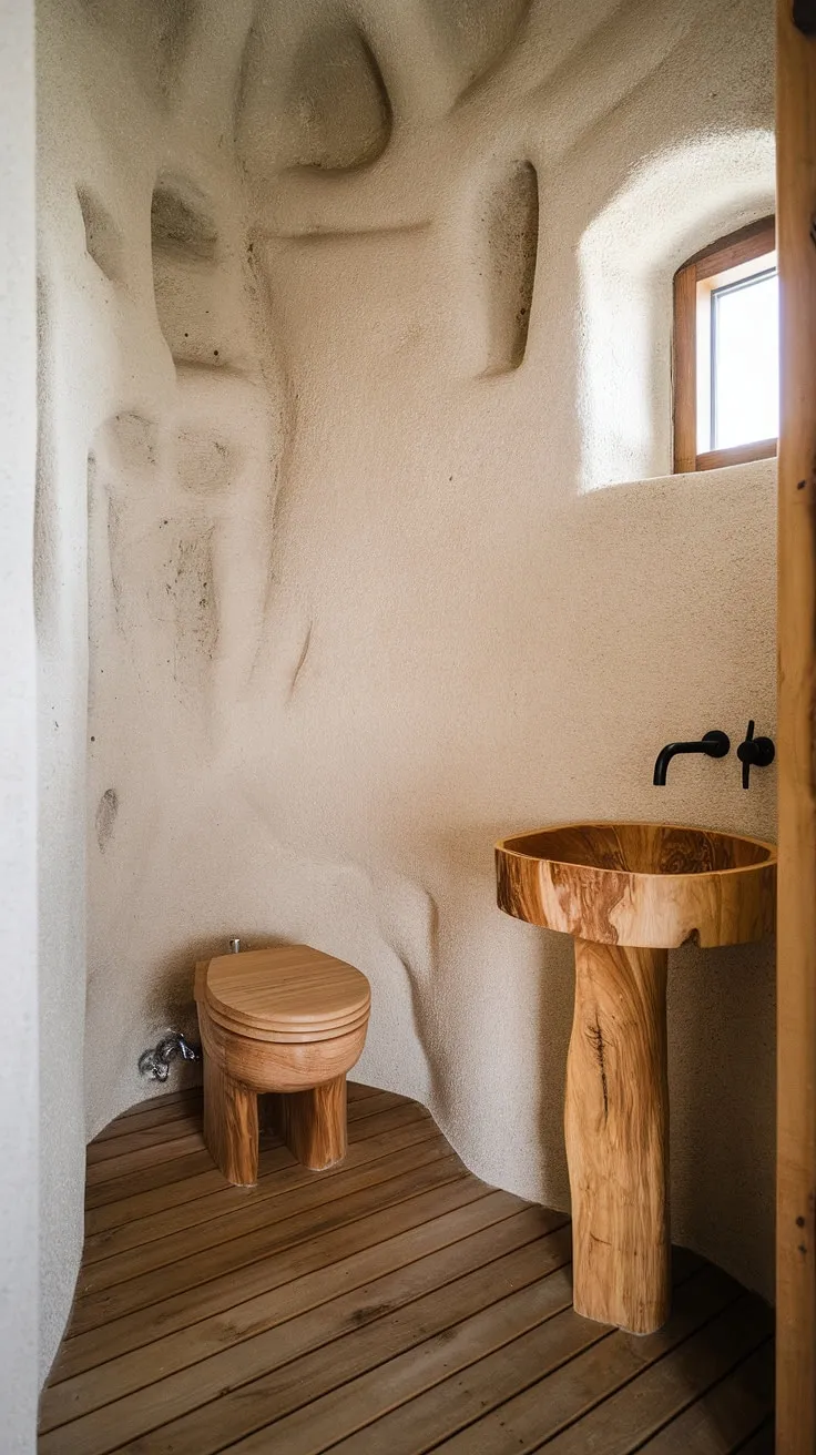 Find tranquility in this minimalist cabin bathroom. The simple wooden fixtures, stone walls, and natural light combine to create a space that feels both grounding and exquisitely designed. A sanctuary for the soul.