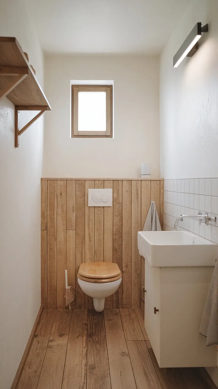 Clean lines, natural light, and the calming scent of pine define this Scandinavian-inspired bathroom. The minimalist design, featuring a rustic wooden toilet and sleek white sink, creates a serene escape. A perfect blend of rustic charm and modern functionality.