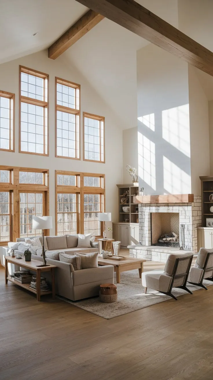 A spacious modern farmhouse living room features a central sectional sofa anchored by a stone fireplace and bathed in natural light from large windows.