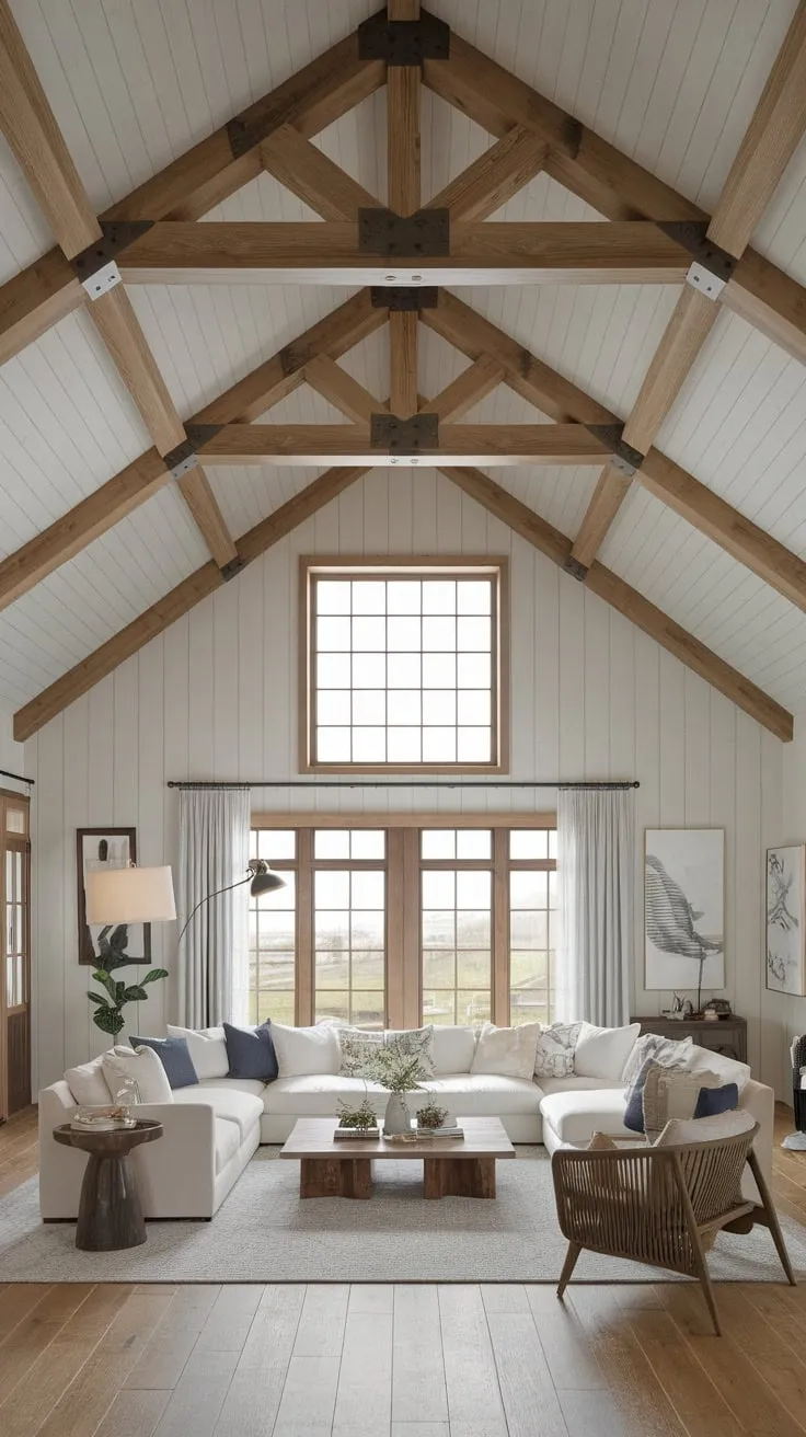 High ceilings and exposed beams accentuate a comfortable modern farmhouse living room featuring a sprawling sectional sofa and ample seating.