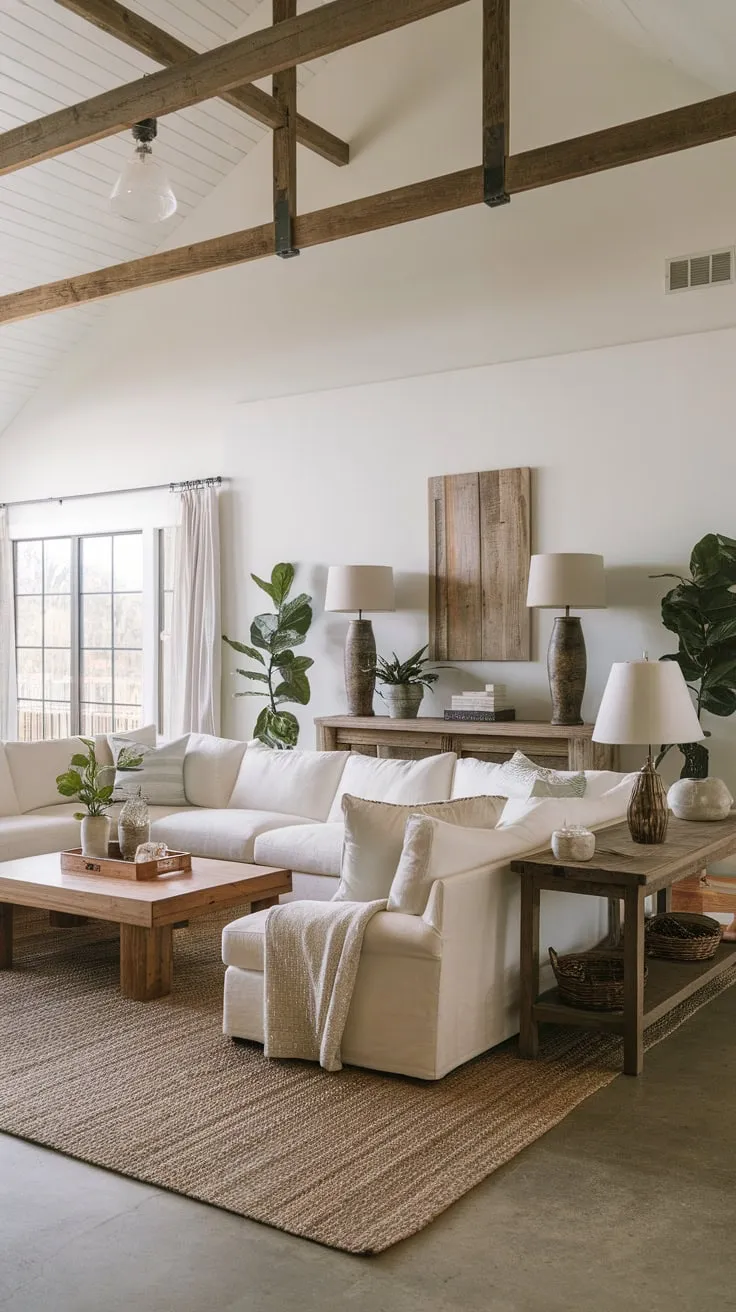 A high-ceilinged living room boasts a comfortable sectional sofa, rustic wooden furniture, and potted plants, embodying modern farmhouse charm.