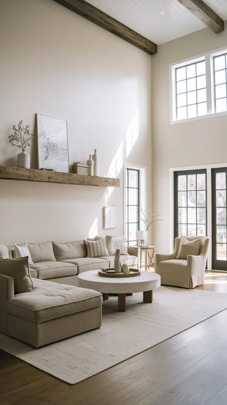High ceilings and white walls enhance a cozy modern farmhouse sectional family room with a beige sofa, gray ottoman, and rustic wooden shelving.