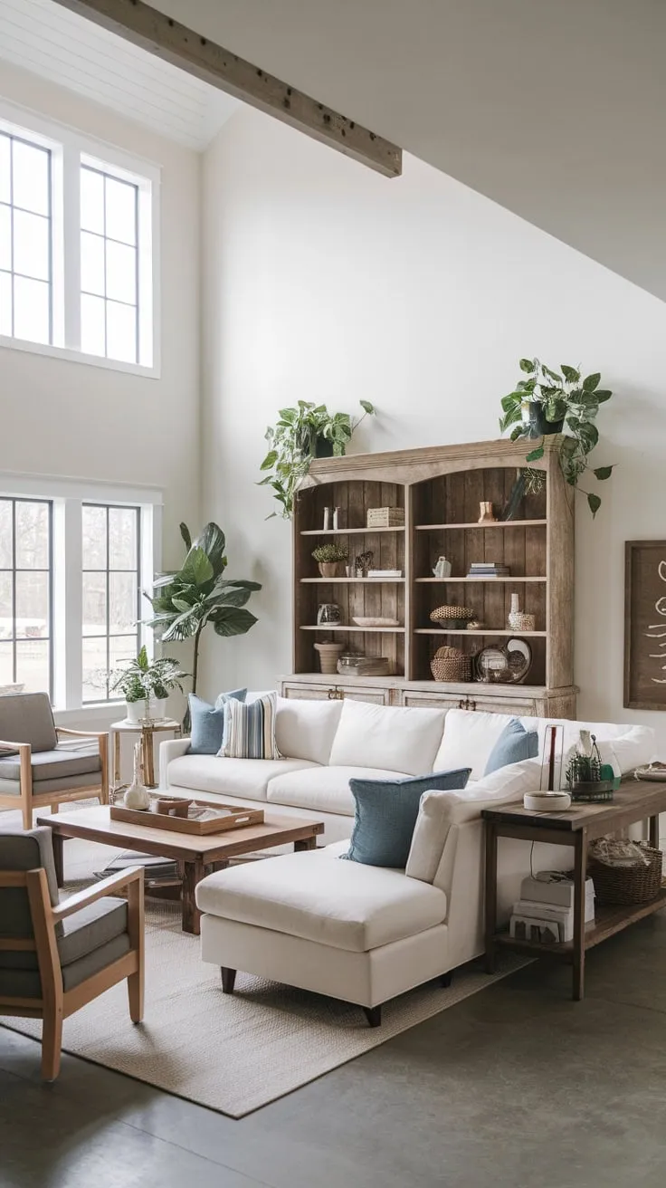 High ceilings and abundant natural light enhance a cozy modern farmhouse living room featuring a sprawling sectional and warm wood accents.