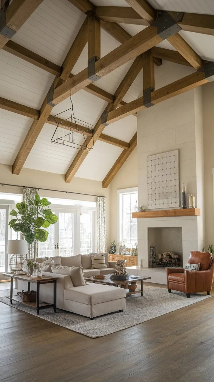 A large sectional sofa dominates a stunning modern farmhouse living room with high ceilings, a fireplace as a focal point, and rustic wooden beams adding warmth.