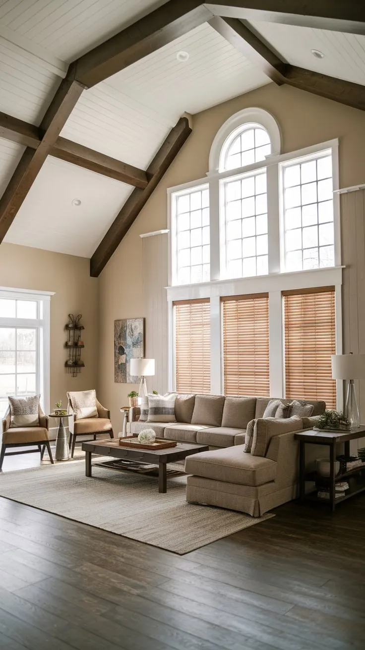 High ceilings and ample natural light enhance the relaxed atmosphere of a modern farmhouse living room featuring a sprawling sectional and stylish accents.