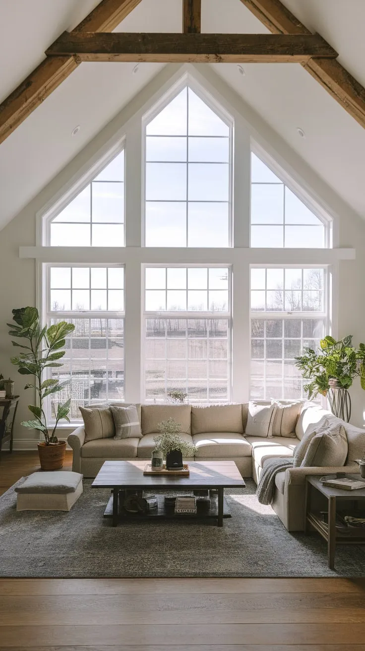 A modern farmhouse sectional anchors a high-ceilinged living room, maximizing natural light and outdoor views