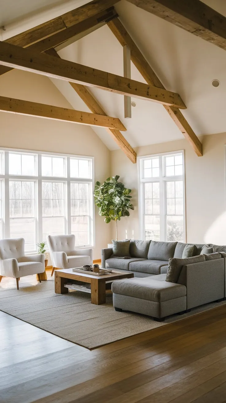A gray sectional chaise lounge dominates a high-ceilinged modern farmhouse living room, warmed by wooden beams and a cozy rug.