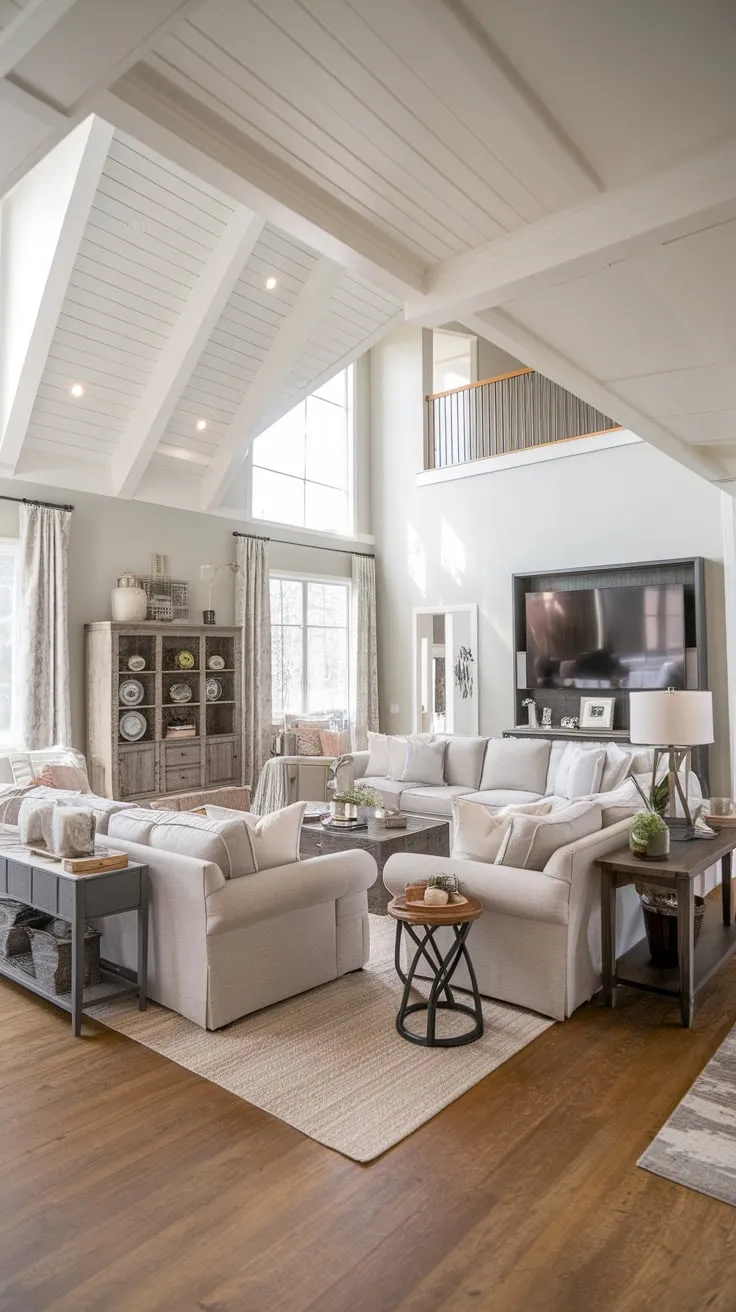 High ceilings and light grey walls enhance a comfortable modern farmhouse living room featuring a large grey sectional, a beige rug, and dark wood furniture.
