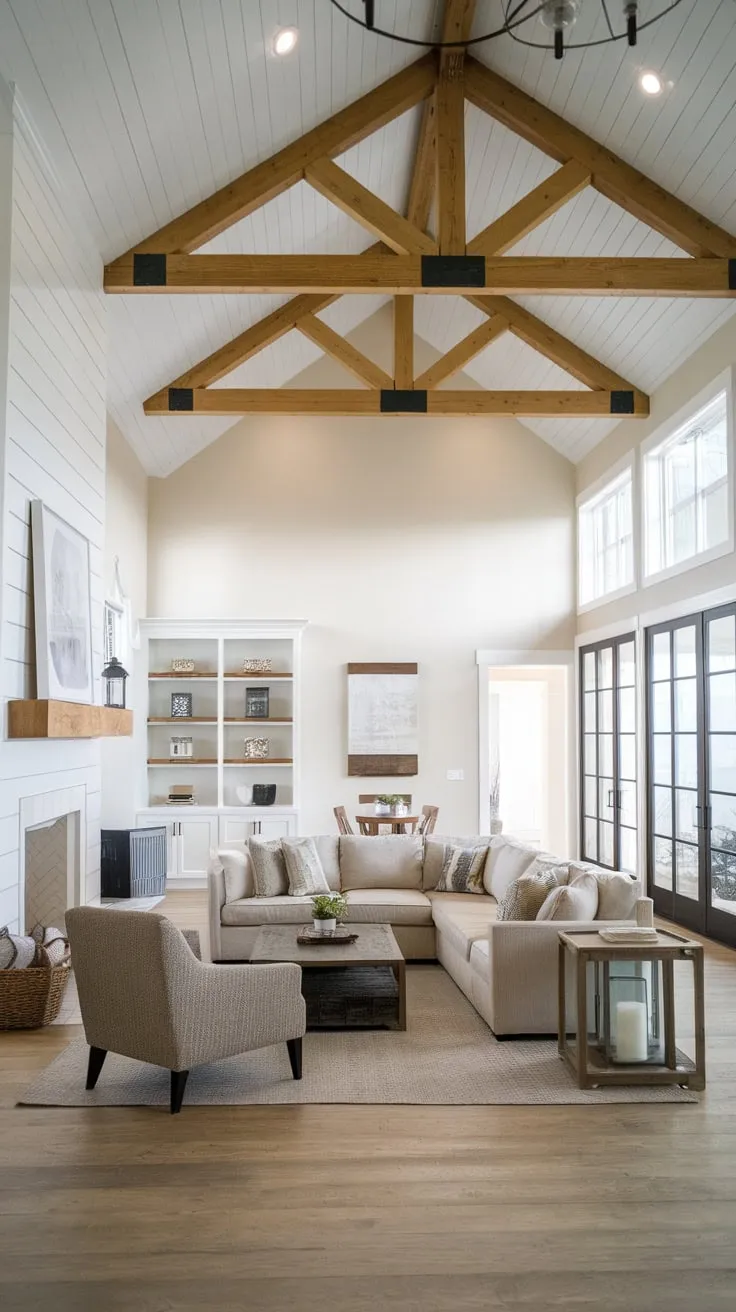 A spacious modern farmhouse sectional family room boasts a high beamed ceiling, fireplace, and ample natural light, creating a cozy yet stylish gathering space.