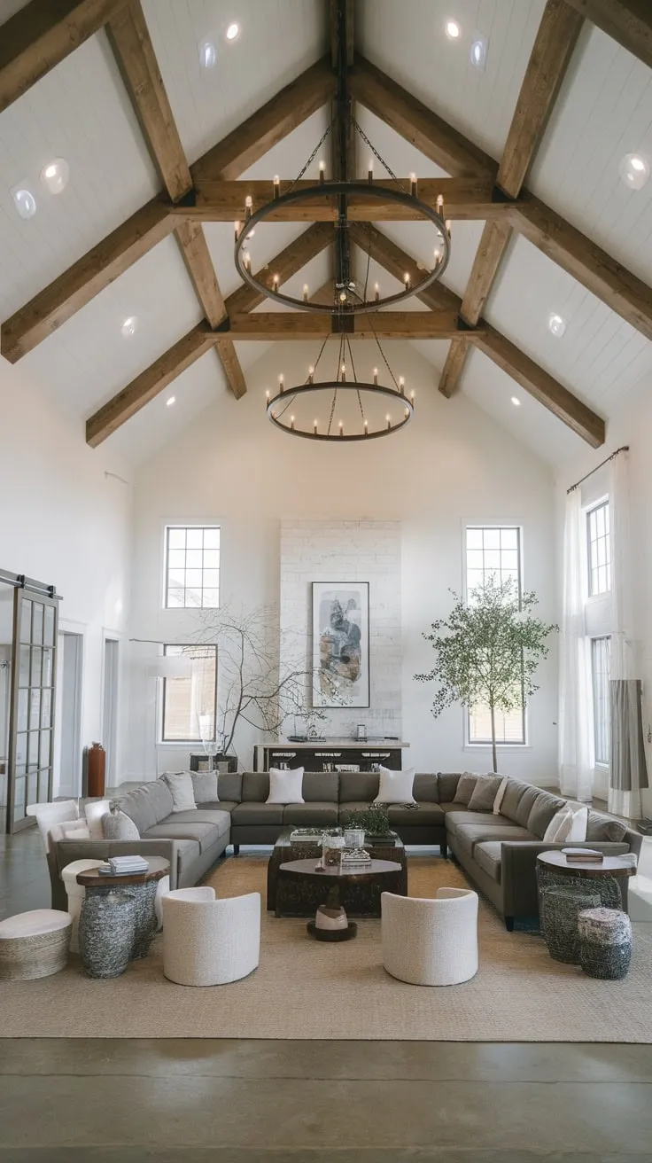 High ceilings and exposed beams accentuate a large sectional sofa in this inviting modern farmhouse family room.