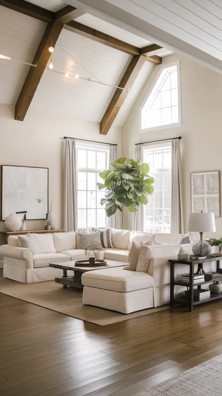 A spacious modern farmhouse living room boasts a large sectional sofa, high ceilings, and hardwood floors creating a comfortable and stylish atmosphere