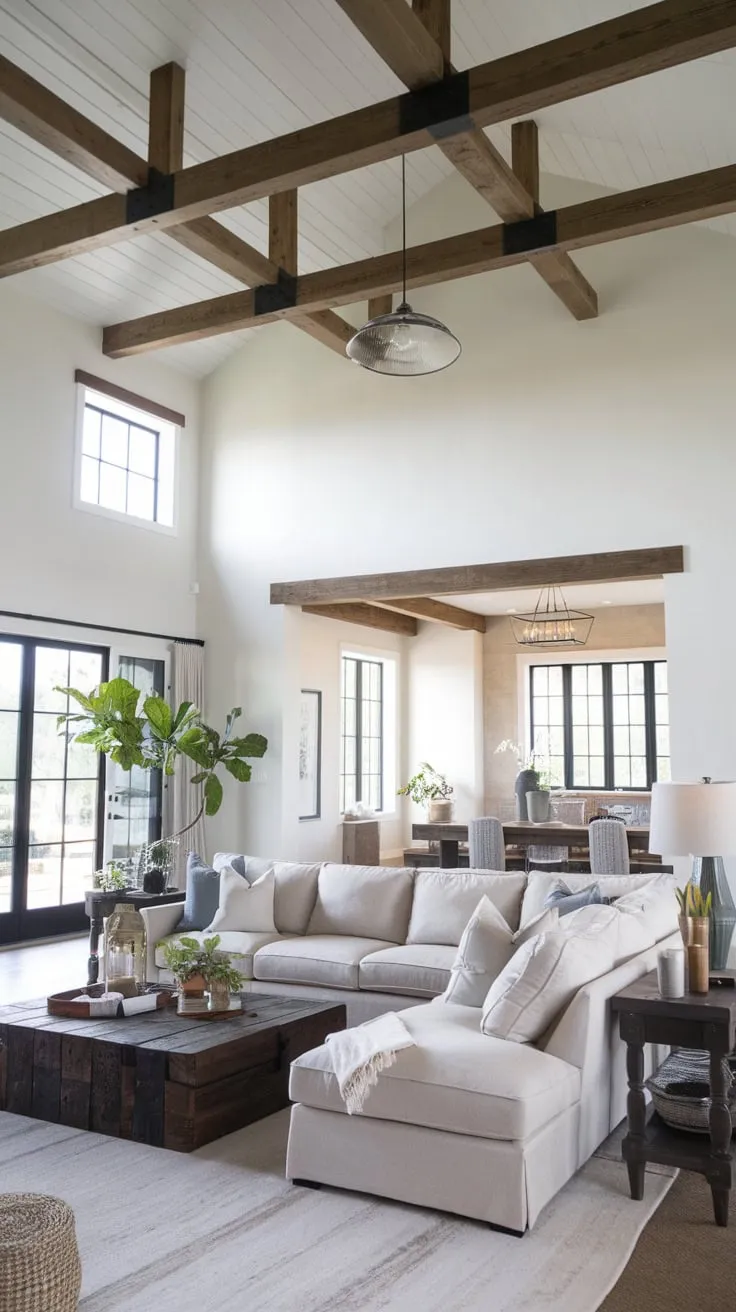 A spacious modern farmhouse living room boasts a large sectional sofa, rustic wooden beams, and a high ceiling creating a welcoming and stylish atmosphere