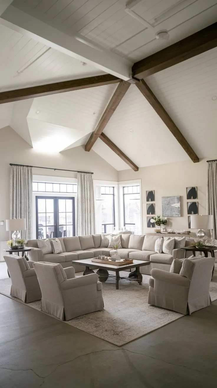 A spacious modern farmhouse living room features a diagonally placed sectional with chaise lounge, creating a comfortable and inviting conversational area.