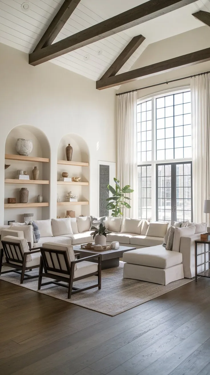 High ceilings and ample natural light enhance the inviting atmosphere of this sectional-centered modern farmhouse living room.