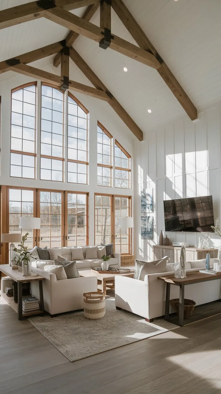 A large sectional sofa dominates a bright, modern farmhouse living room bathed in natural light, creating a cozy yet expansive atmosphere.