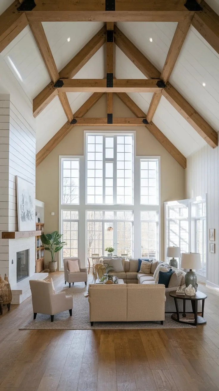 High ceilings and rustic wooden beams accentuate a comfortable sectional sofa in a bright modern farmhouse living room, perfect for family gatherings.