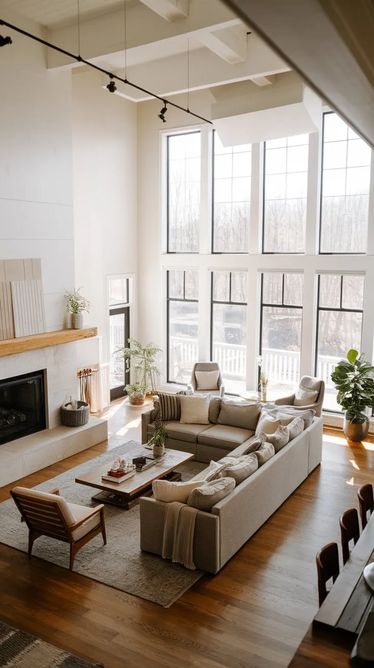 A modern farmhouse living room boasts a spacious sectional sofa centered around a fireplace, bathed in natural light from expansive windows and grounded by hardwood floors.