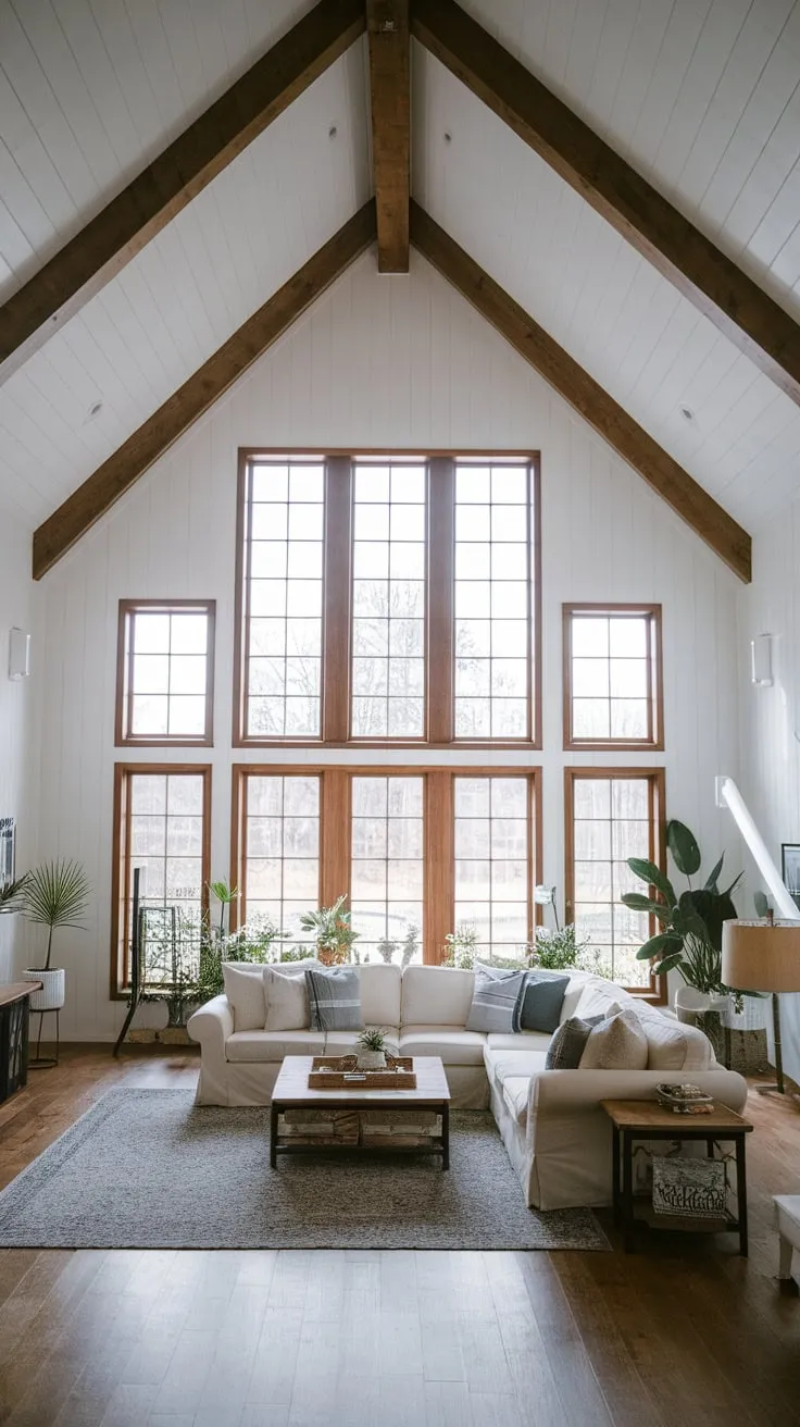 A modern farmhouse sectional anchors a sunlit living room with high ceilings and hardwood floors, creating a cozy yet spacious atmosphere