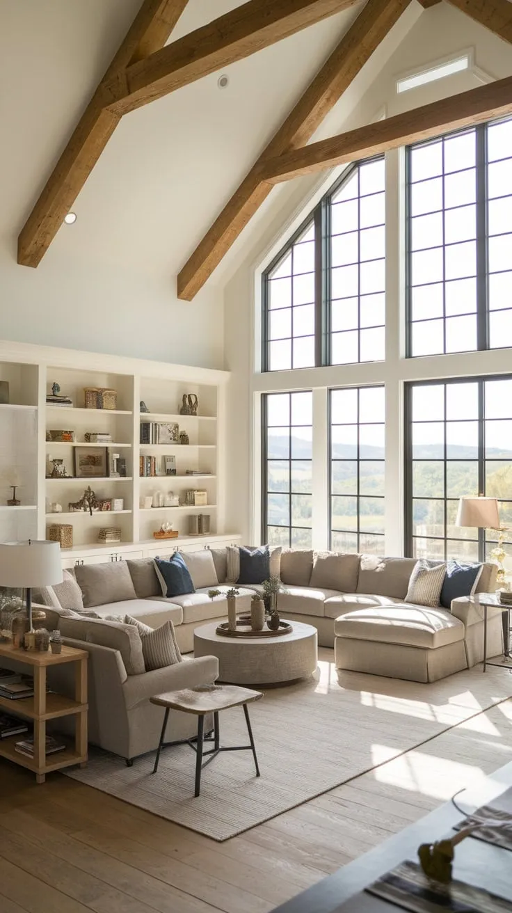 A spacious modern farmhouse living room boasts a large sectional sofa and chaise lounge, centered around a circular coffee table, all enhanced by high ceilings, exposed beams, built-in shelves, and stunning views.