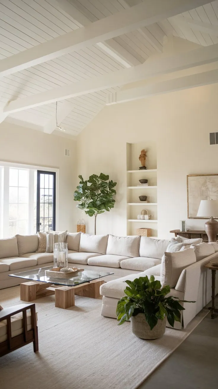 A spacious modern farmhouse living room boasts a comfortable sectional sofa and high ceilings, creating a relaxed yet stylish atmosphere