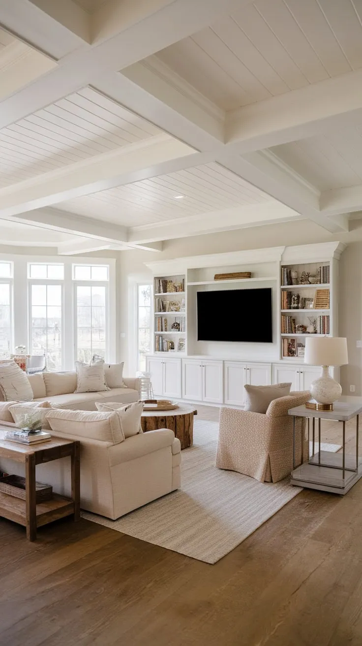 A high-ceilinged modern farmhouse living room boasts a comfortable beige sectional and coordinating furniture against a backdrop of wood floors and a stylish white entertainment center.