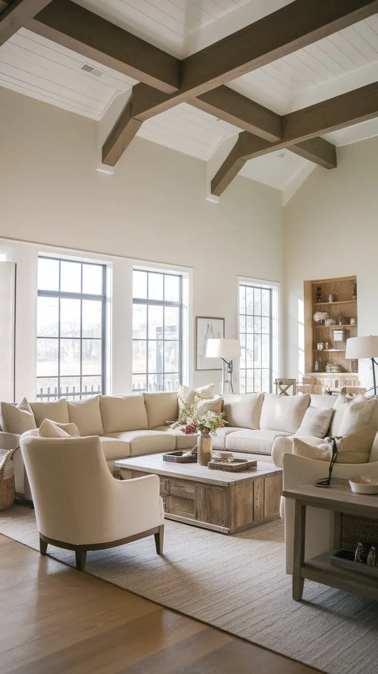 A spacious modern farmhouse living room features a beige sectional sofa anchored by a wooden coffee table and complemented by a single chair under high ceilings.