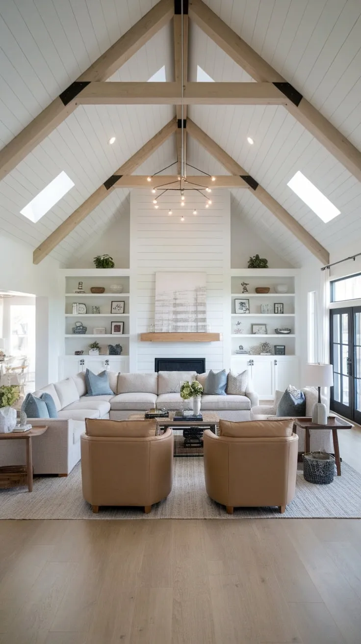A light grey sectional anchors a high-ceilinged modern farmhouse living room, complemented by warm wood floors and leather accents.