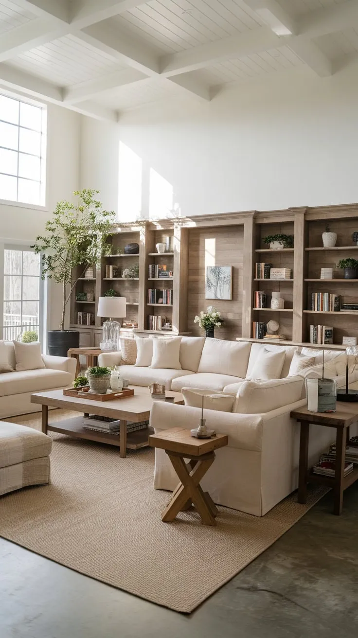 A spacious modern farmhouse living room features a beige sectional and complementary seating arranged around a coffee table, creating a warm and inviting atmosphere.