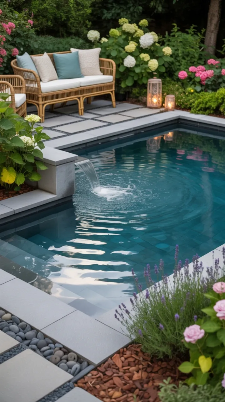 Lanternlit Garden Oasis with Cascading Waterfall and Cozy Rattan Retreat