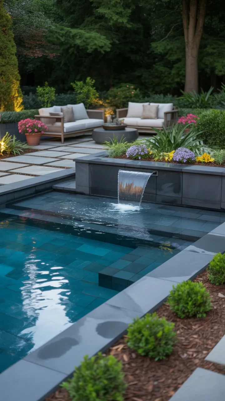 Tranquil Dark-Tiled Pool Oasis in a Lush Backyard