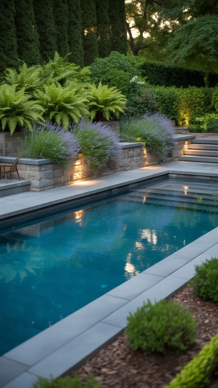 Tranquil Turquoise Oasis Nestled in a Sunlit, Lavender-Lined Garden
