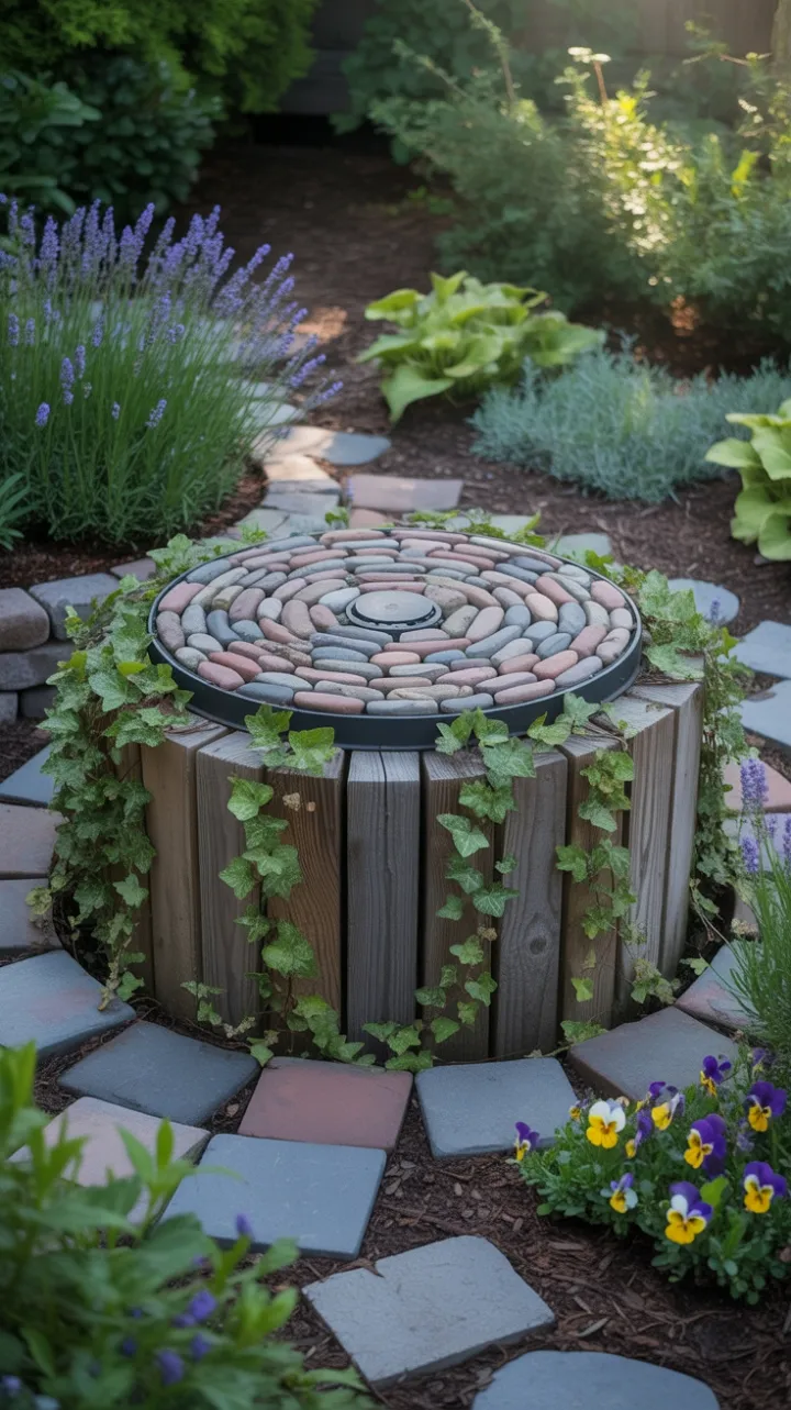 Mosaic-Crowned Reclaimed Wood Septic Cover in a Lavender Garden