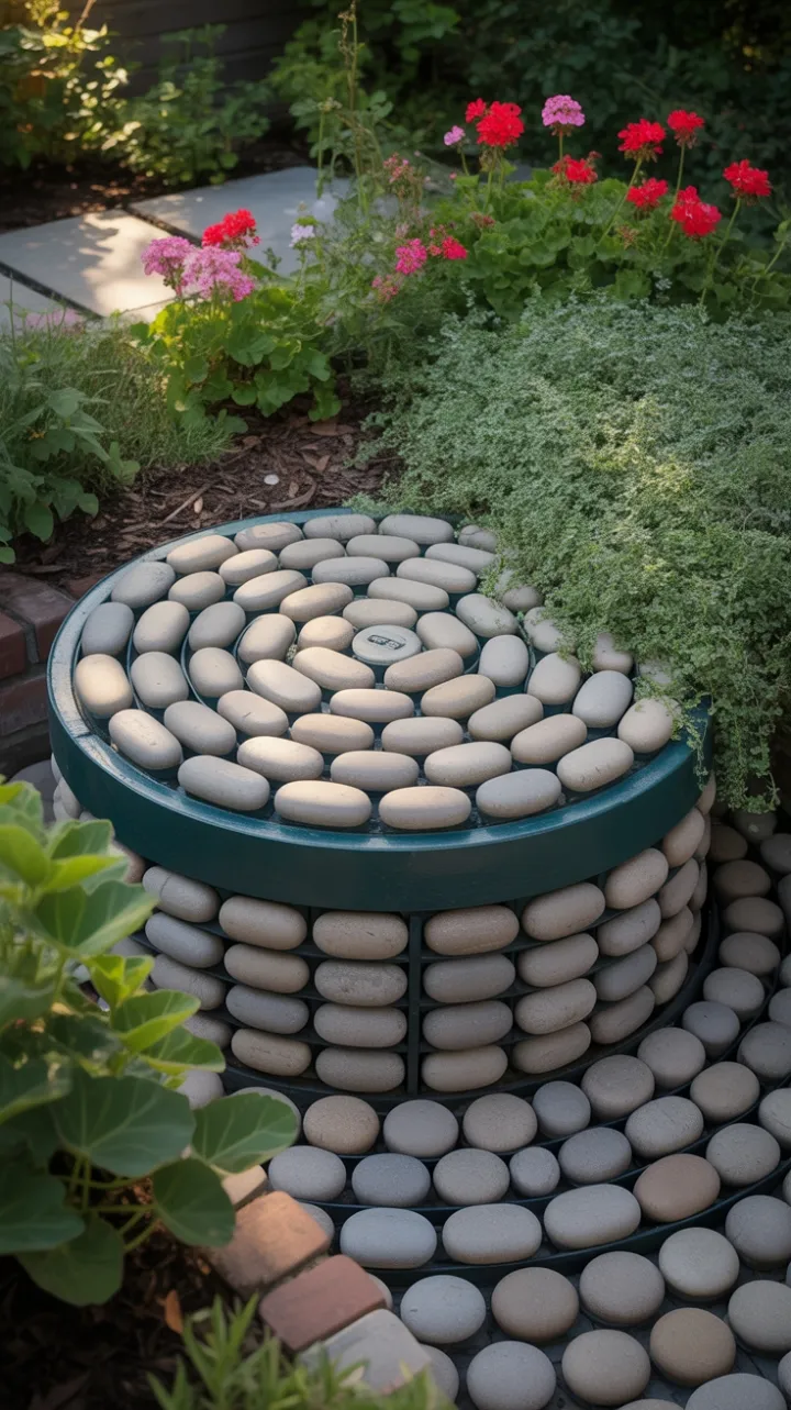 Mosaic Stone Septic Cover Blending Seamlessly into a Lush Garden Oasis