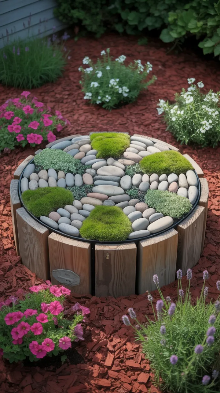 Moss-Kissed Mosaic Garden Cover Blending Reclaimed Wood and River Stones