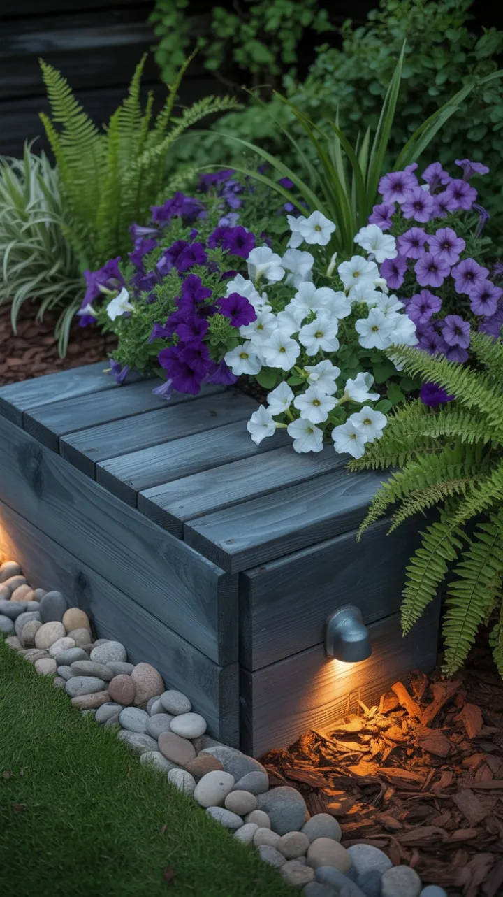 Charcoal Reclaimed Hatch Nestled in a Petunia-Draped Garden