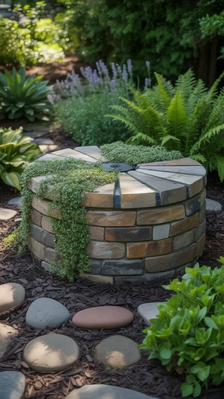 Hidden Stone Oasis Where a Reclaimed Septic Cover Blends with Thyme and Lavender