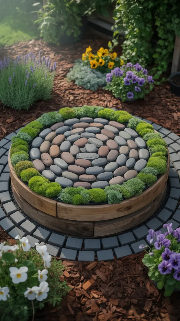 Secret Garden Septic Cover Crafted from Reclaimed Wood and River Stone Mosaic