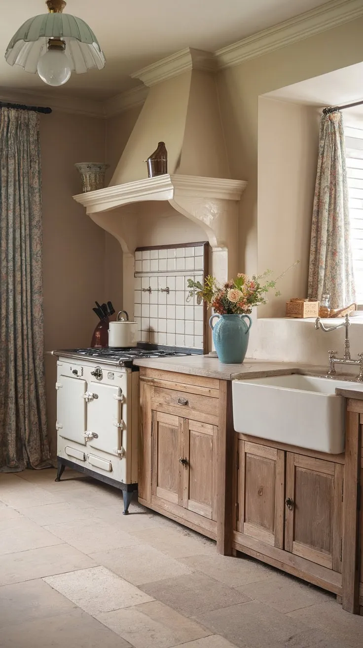 Sunlight streams through the lace-trimmed curtain, illuminating the worn wooden cabinets and vintage stove of this charming shabby chic kitchen. A simple blue vase, brimming with wildflowers, adds a touch of color to the beige stone countertop, creating a space that whispers stories of simpler times. The overall effect is one of comforting warmth and gentle nostalgia. This is where memories are made, one cup of tea at a time.