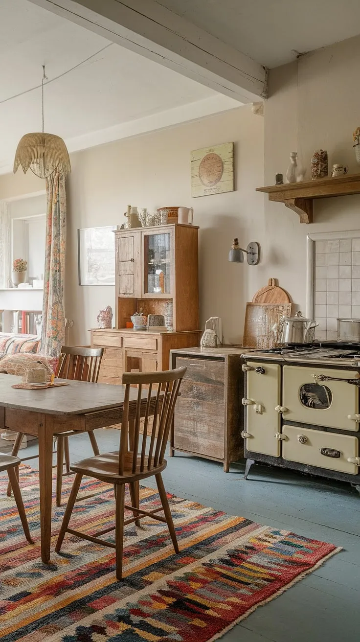 Sunlight streams through the window, illuminating the worn wooden table and vintage stove in this charming cottage kitchen. The shabby chic details, from the colorful rug to the antique lampshade, create a warm and inviting atmosphere, a perfect haven for quiet mornings and cozy evenings. This is where memories are made.