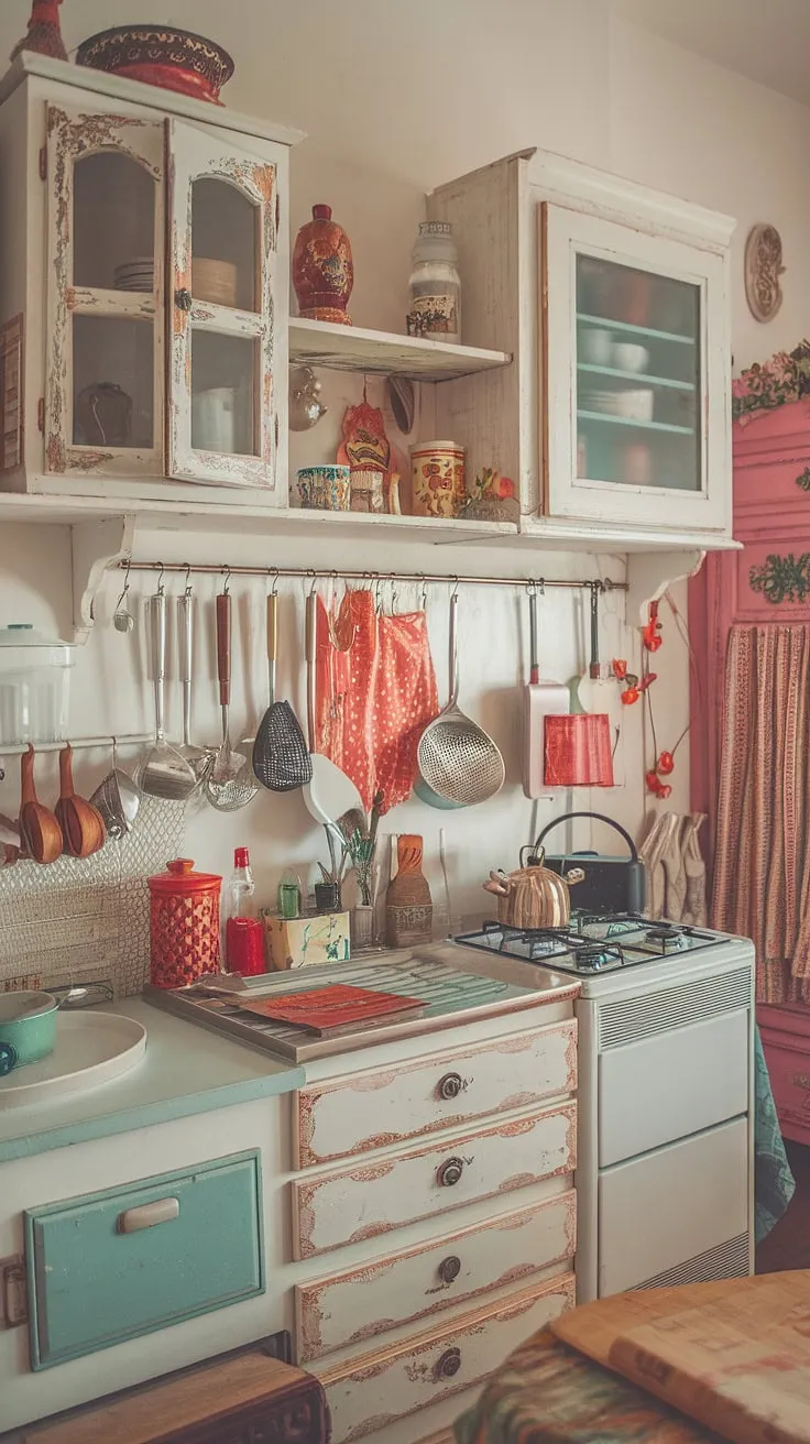 Step into a world of charming imperfection where vintage finds and DIY delights create a cozy haven. This shabby chic kitchen, with its colorful accents and lovingly worn furniture, is a testament to the beauty of handcrafted details and a lived-in aesthetic. The whitewashed walls and mismatched appliances tell a story of collected memories and cherished moments.