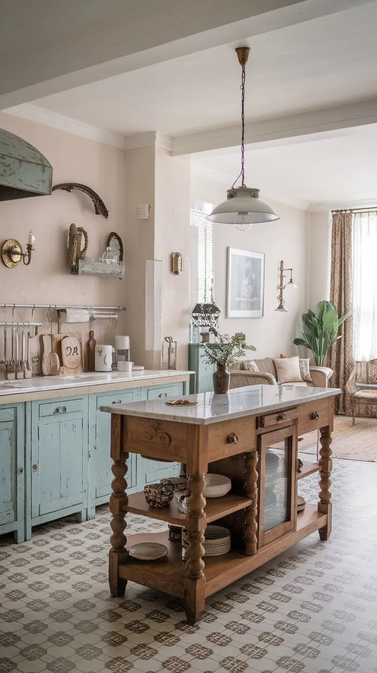 Step into a world of charming imperfection where vintage details meet modern comfort. This shabby chic apartment boasts a delightful cottage-style kitchen, complete with a weathered wooden island and antique lighting, creating a space that's both inviting and effortlessly stylish. The patterned tile floor and glimpses of the cozy living area add to the overall sense of warmth and character. A perfect blend of old-world charm and contemporary living.