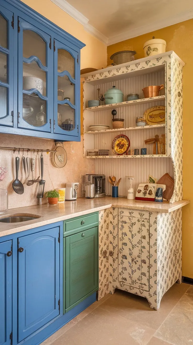 Step into this charming shabby chic kitchen, where a vibrant blue cabinet playfully contrasts with its green counterpart, all set against a sunny yellow wall. The floral-patterned white cabinet adds a touch of whimsical elegance, while the beige marble countertops provide a warm, inviting surface for culinary adventures. A perfect blend of vintage charm and modern functionality.